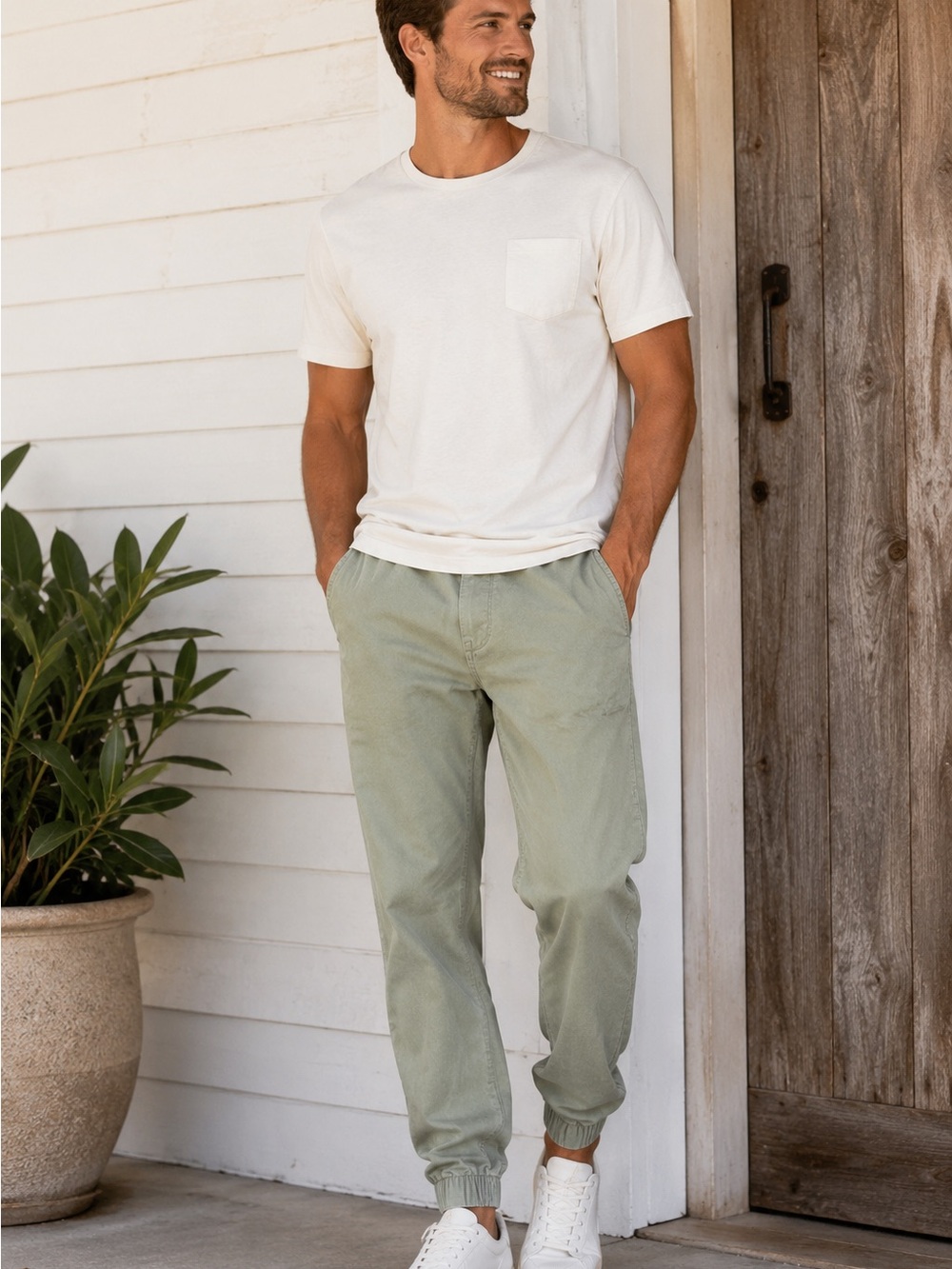 Bearbottom Cotton Twill Jogger Pants S Green Travel Tapered Leg 32 Elastic Hike